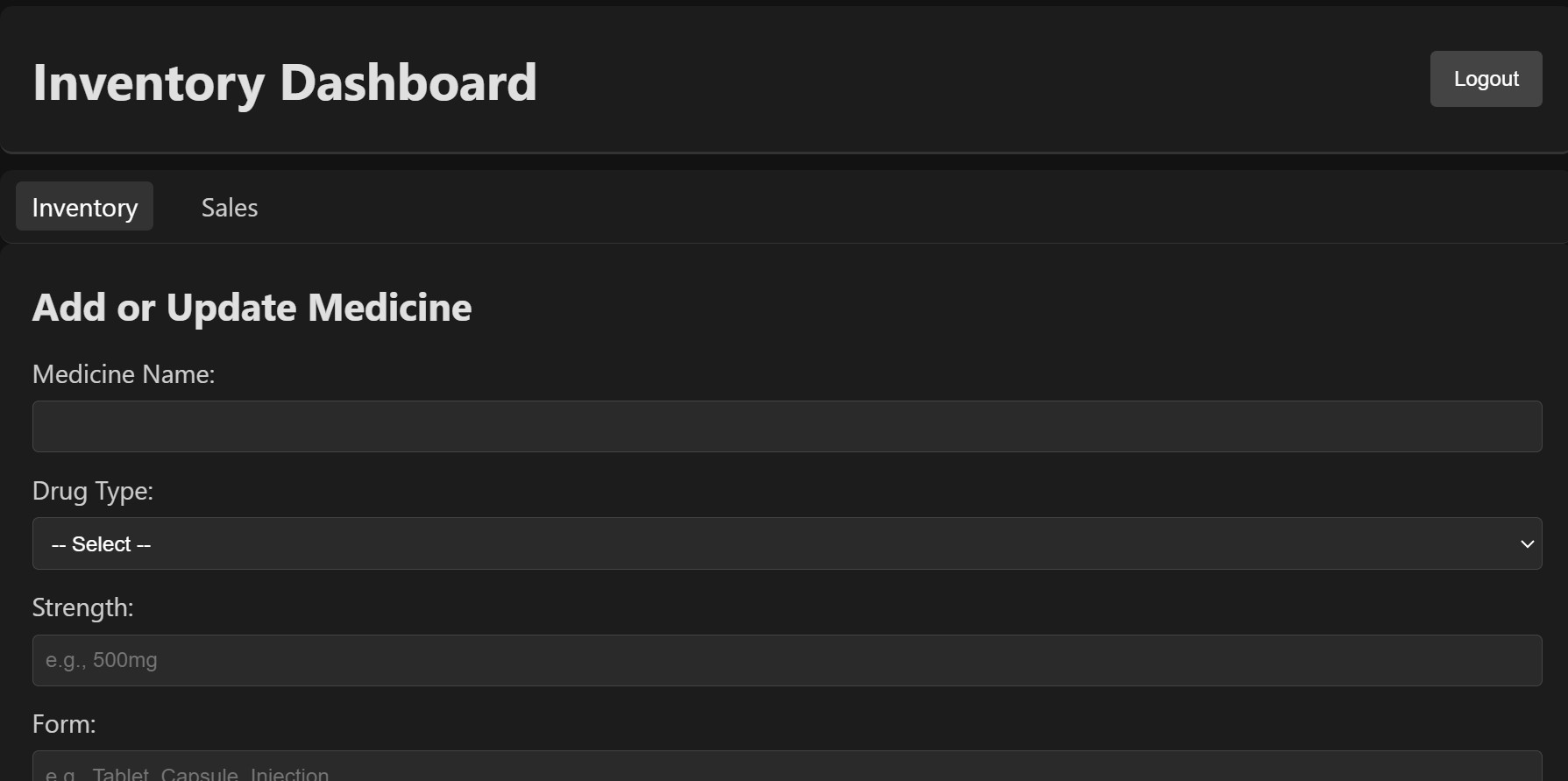 A screenshot of the PharmaSmart inventory management dashboard with a list of drugs, quantities, and expiration dates.