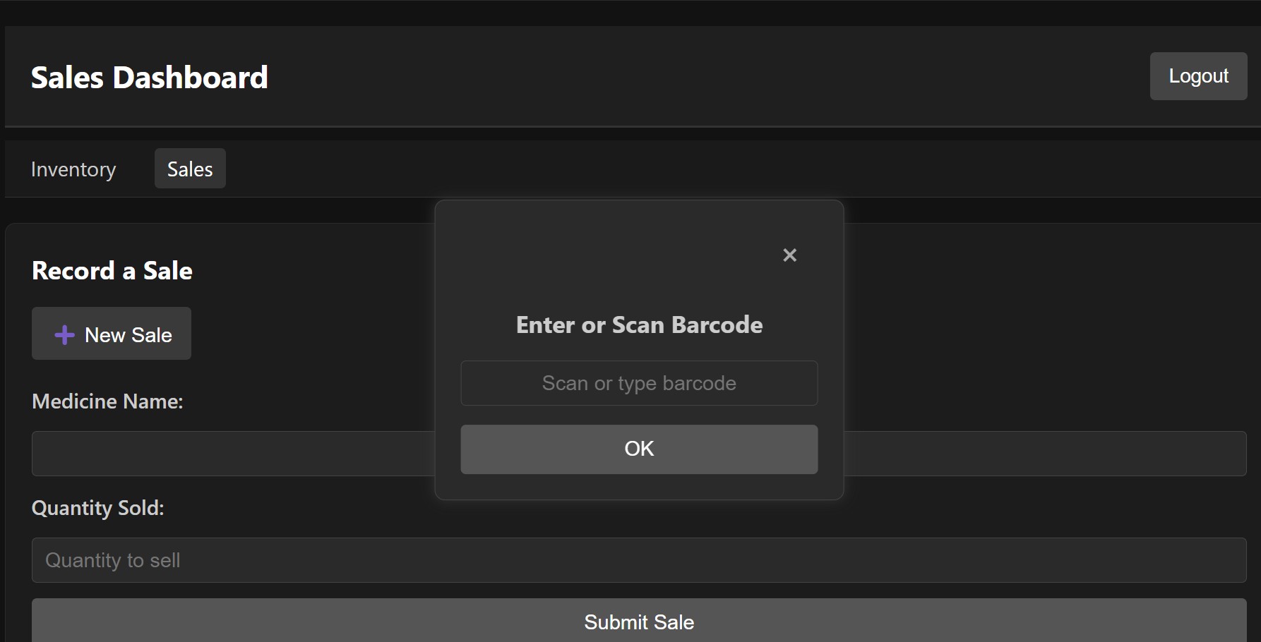 A screenshot of the PharmaSmart sales and reporting interface, showing a sales log and a prescription input form.
