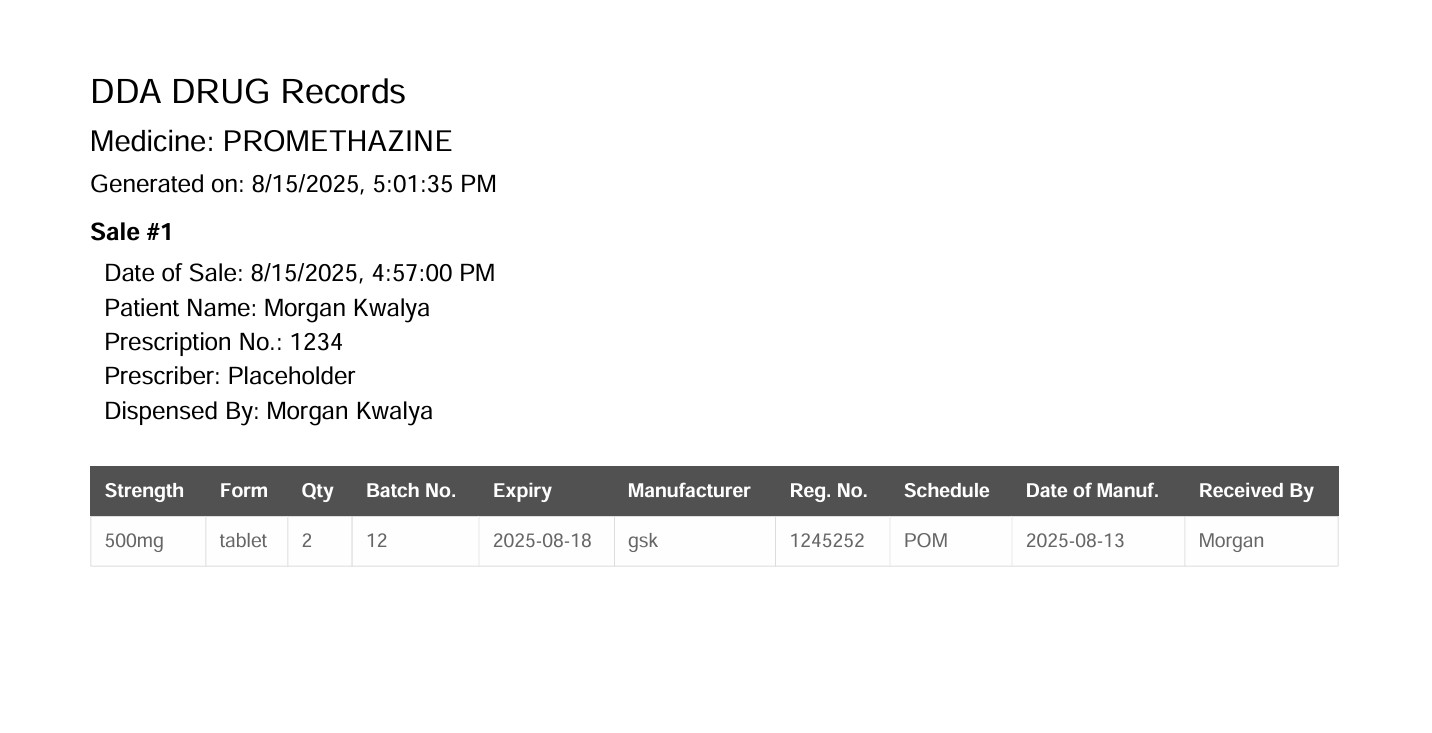 A screenshot of a generated DDA (Dangerous Drugs Act) register PDF report.