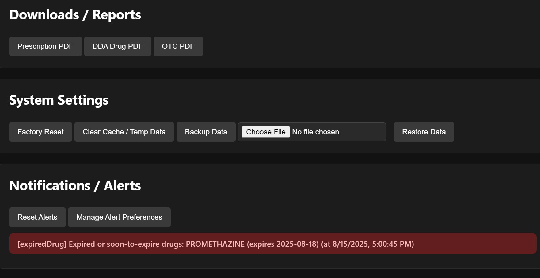 A screenshot showing a pop-up alert for low stock inventory items.